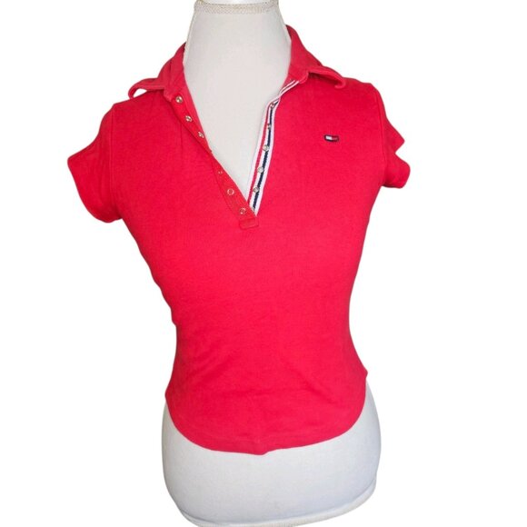 Y2K Tommy Hilfiger Red Polo Shirt Semi Cropped Tight Preppy Sz M Logo 2000s - Picture 1 of 8